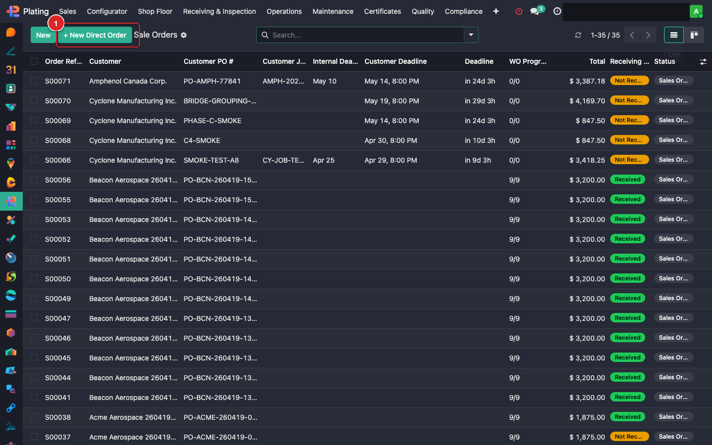 Sales order list with the + New Direct Order button highlighted