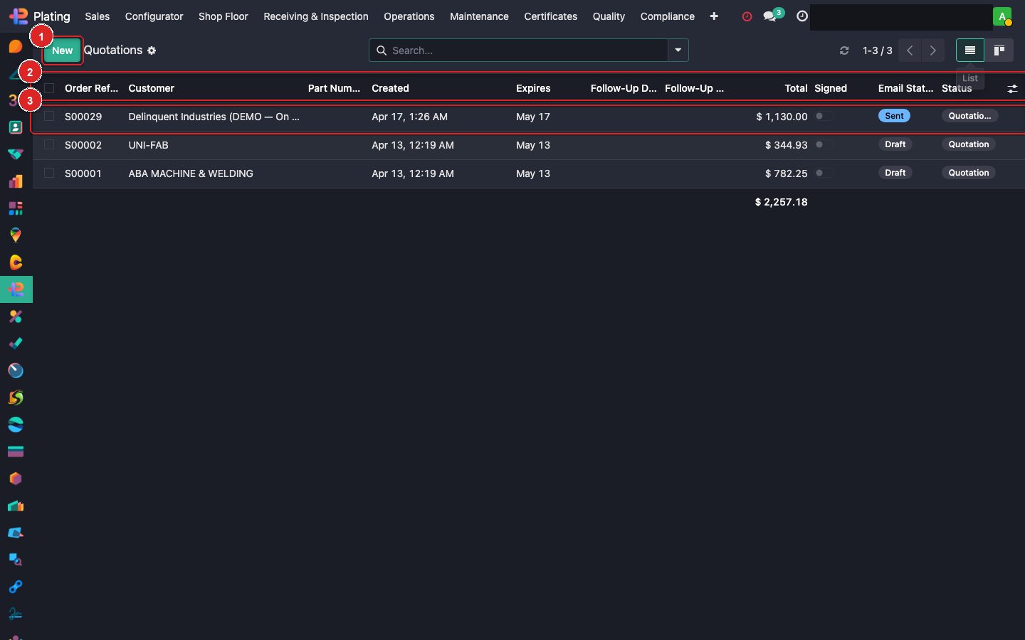 Quotations list with three example quotes