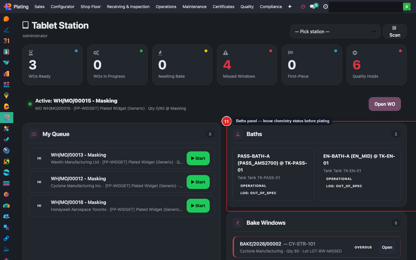 Baths panel — know chemistry status before plating