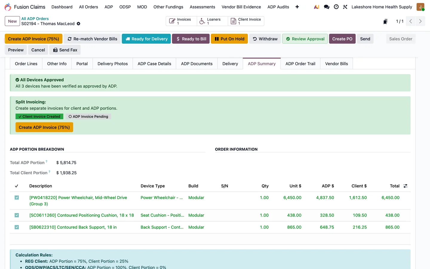 ADP summary showing approved devices, split invoicing status, and the ADP versus client breakdown