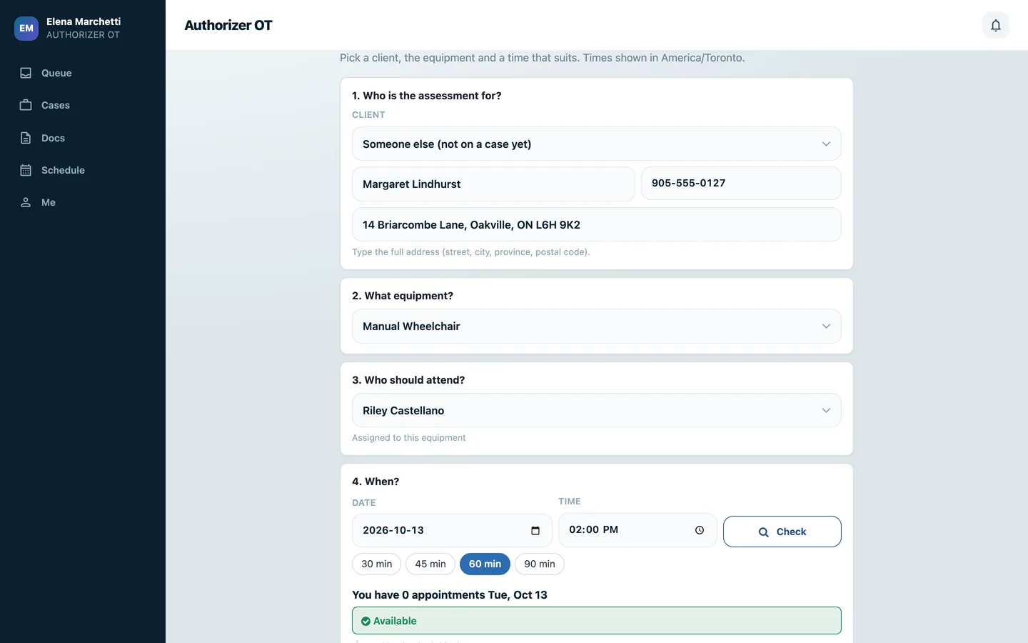 Request an assessment form in the therapist portal with client, equipment and assigned rep.