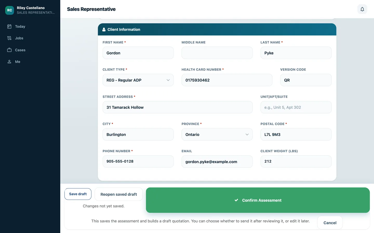 ADP Assessment Express Form showing the client information section for an invented client.