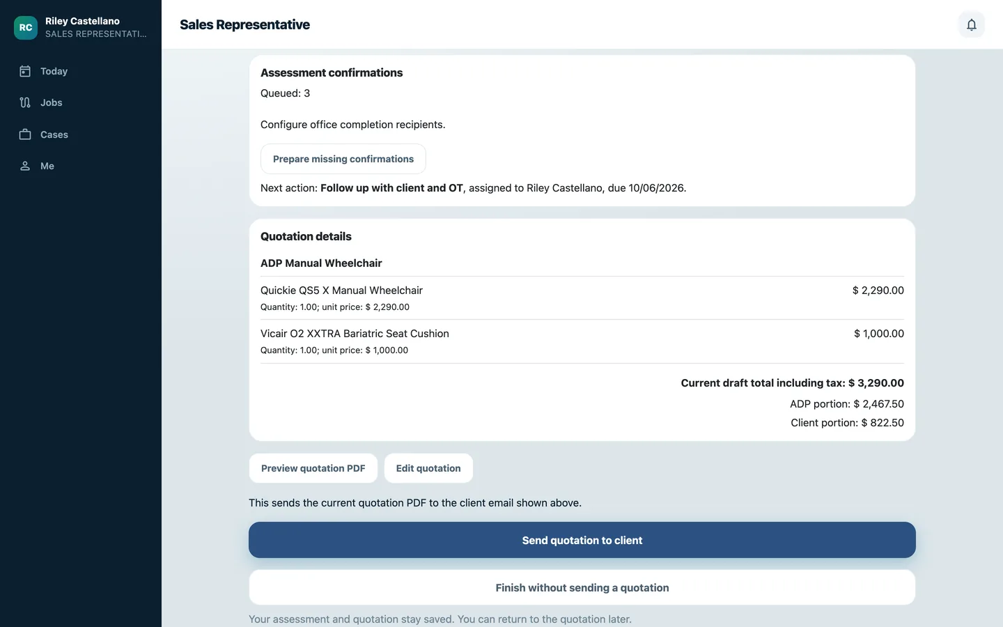 Assessment saved screen with the draft quotation total, ADP portion and client portion.