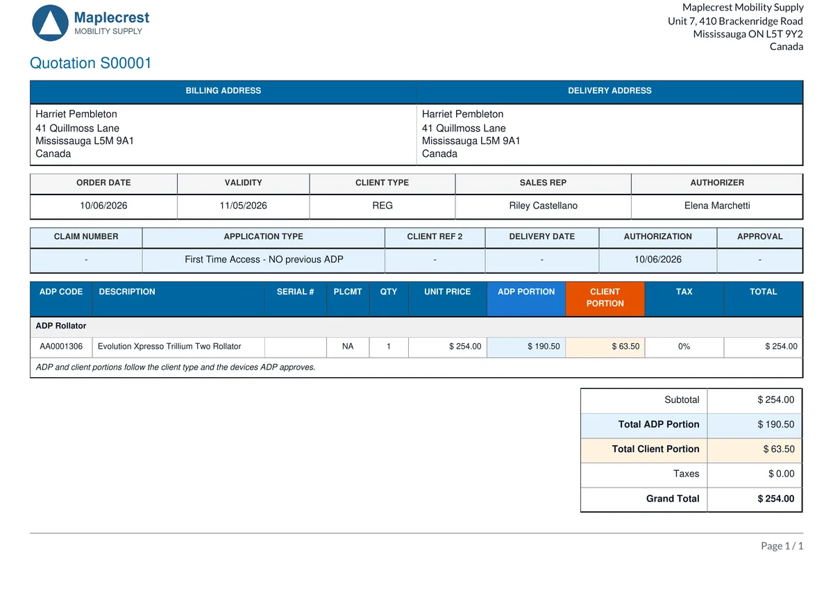 Quotation S00001 PDF with ADP code, unit price, ADP portion and client portion columns.