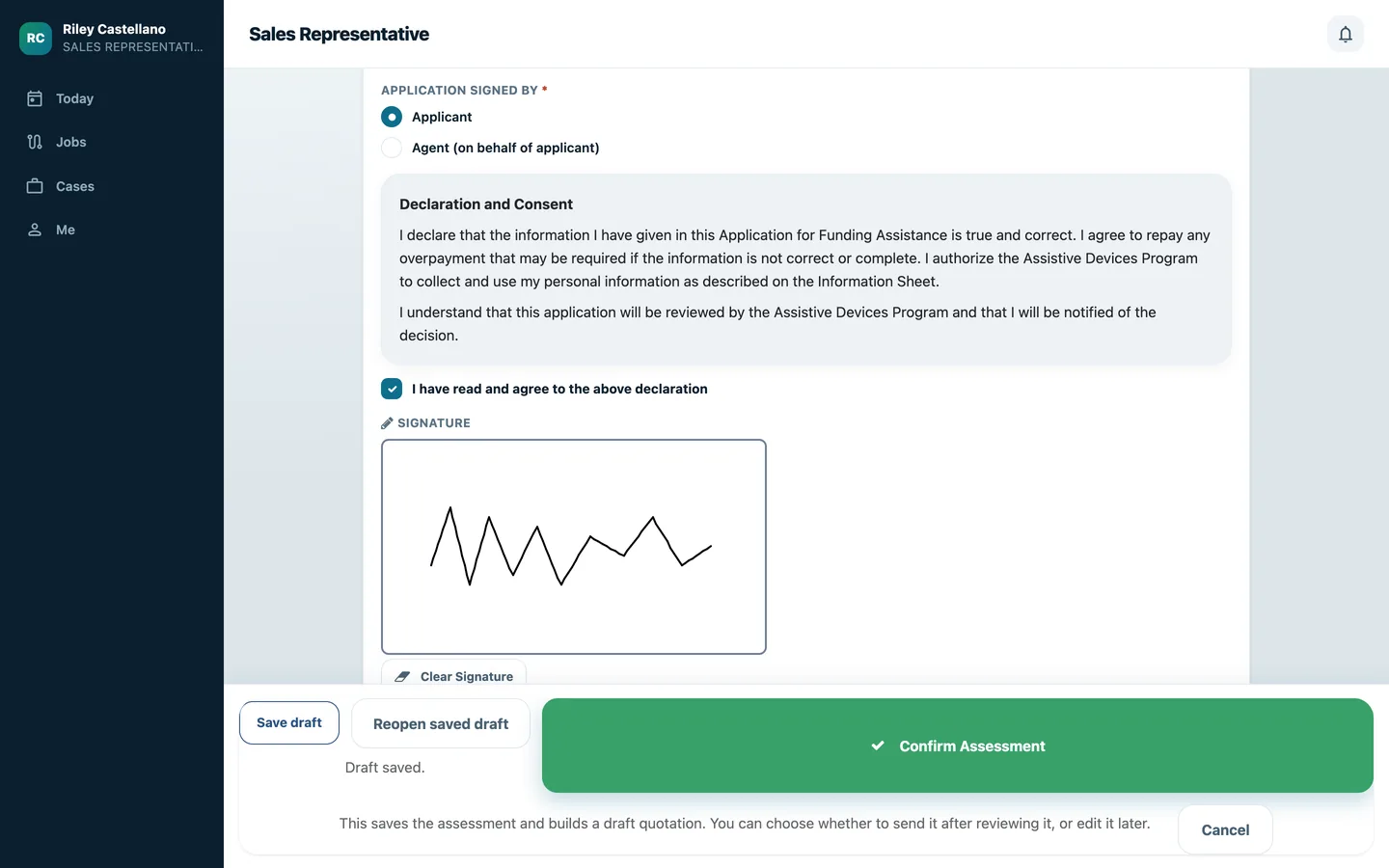ADP Consent and Declaration section with Applicant selected, declaration ticked and a test signature.