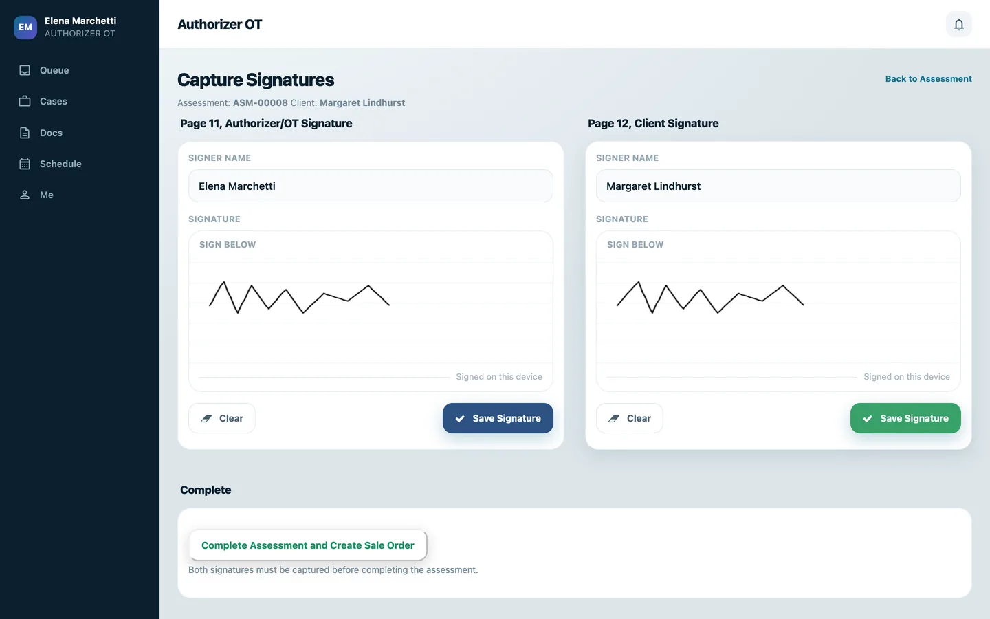 Capture Signatures screen with Page 11 Authorizer/OT and Page 12 Client signature pads.