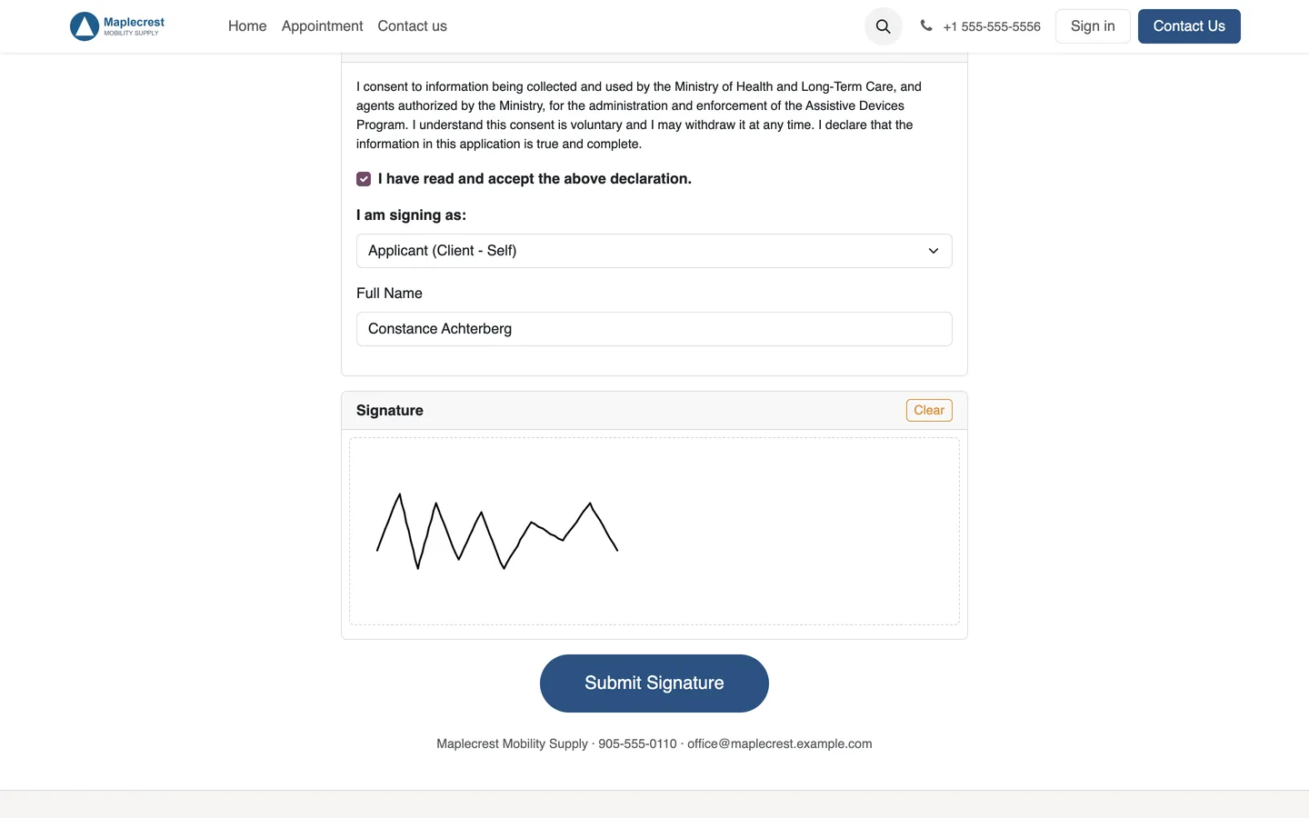 Remote Page 11 signing page with declaration accepted, signer name and a test signature.