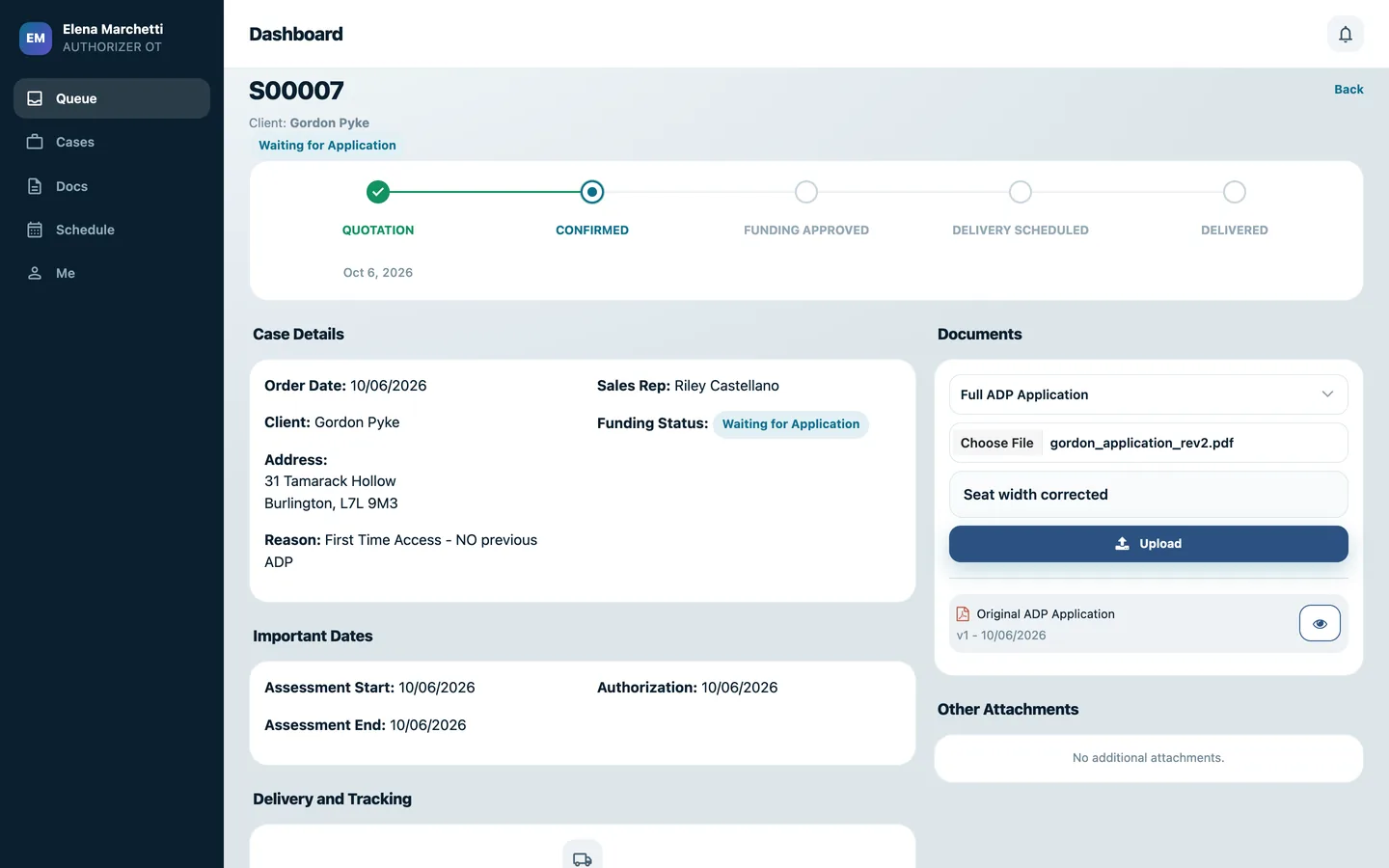 Authorizer case page with the Documents upload form set to Full ADP Application.