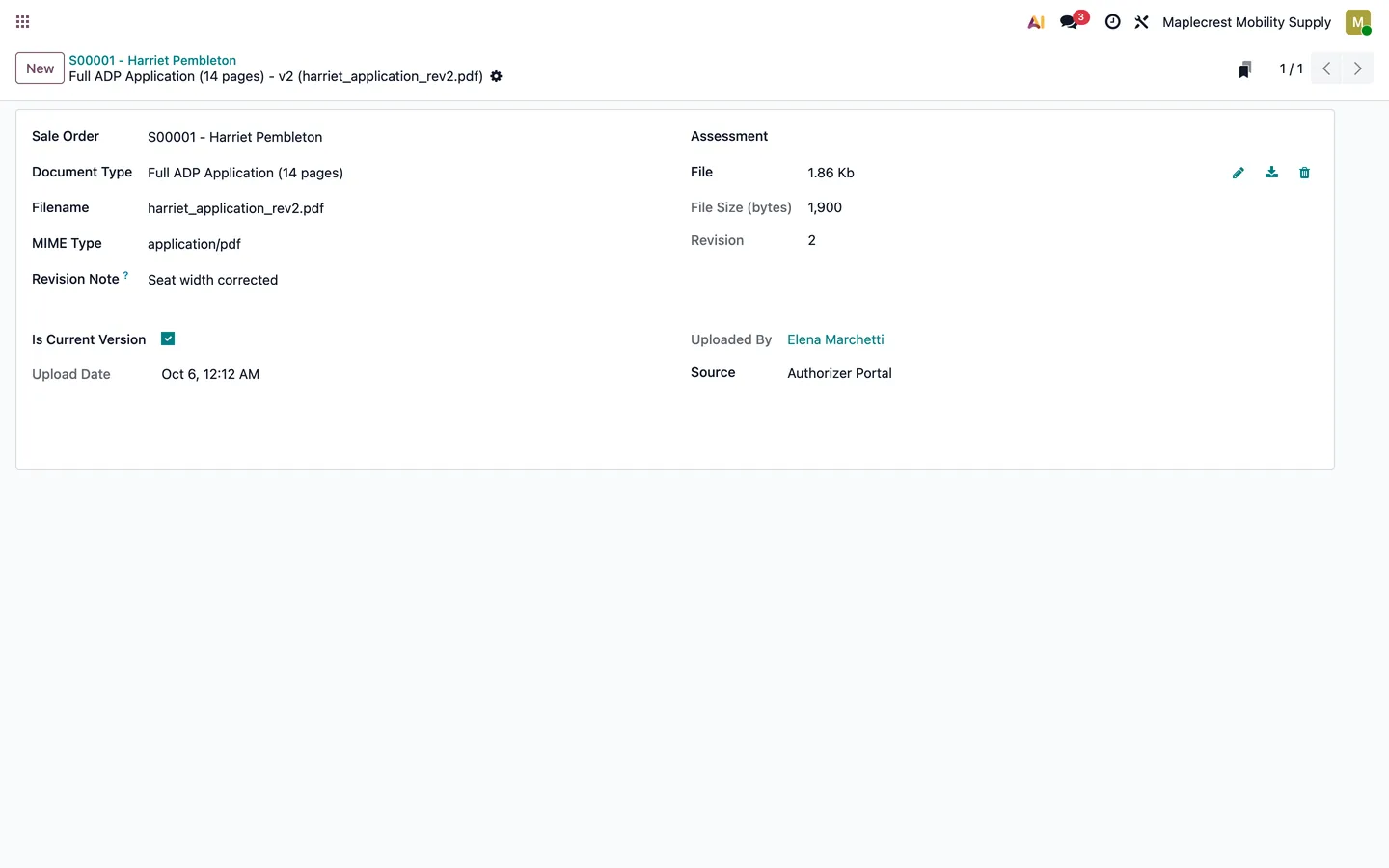 Portal document record showing revision 2, current version, uploader and Authorizer Portal source.