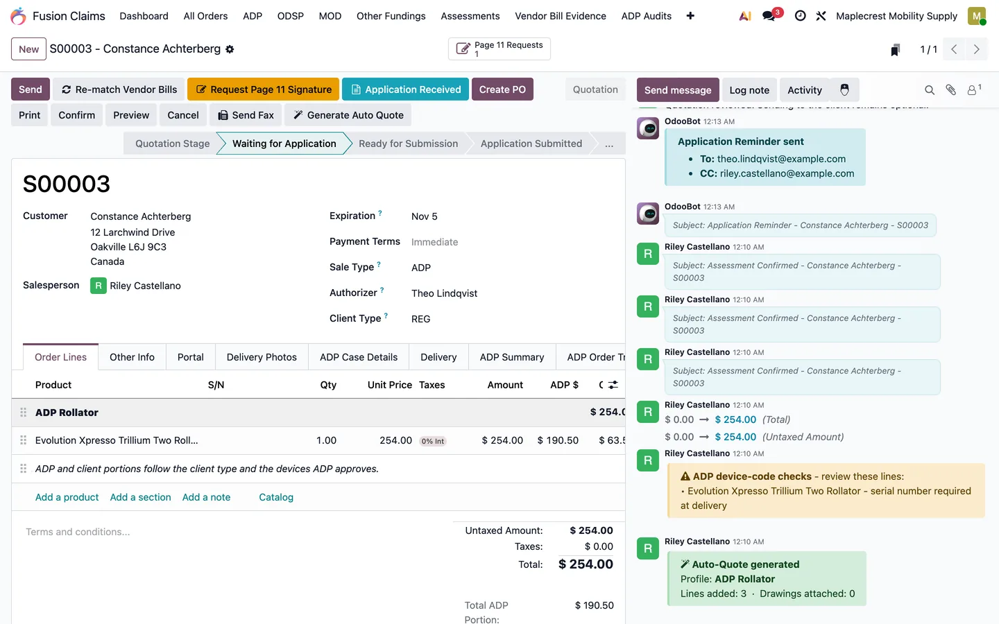 Case chatter showing an Application Reminder queued to the therapist with the rep copied.