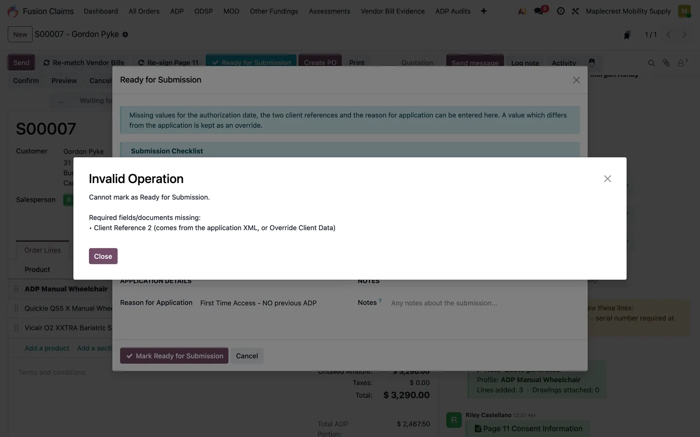 Ready for Submission wizard with an error listing Client Reference 2 as missing.