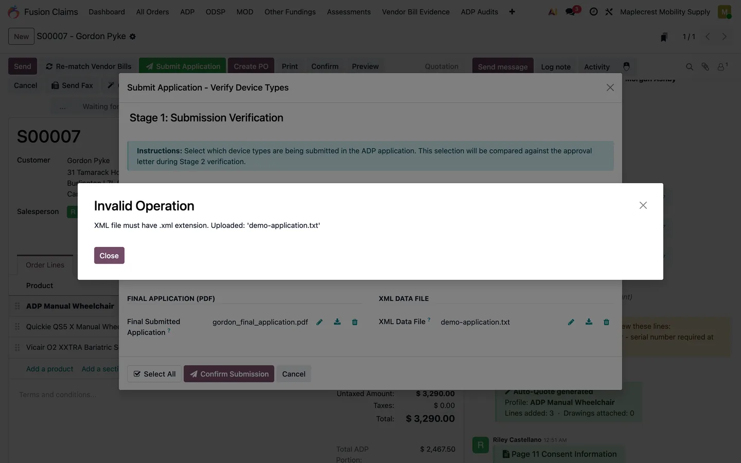 Submission Verification wizard showing the error that the XML file must have the .xml extension.