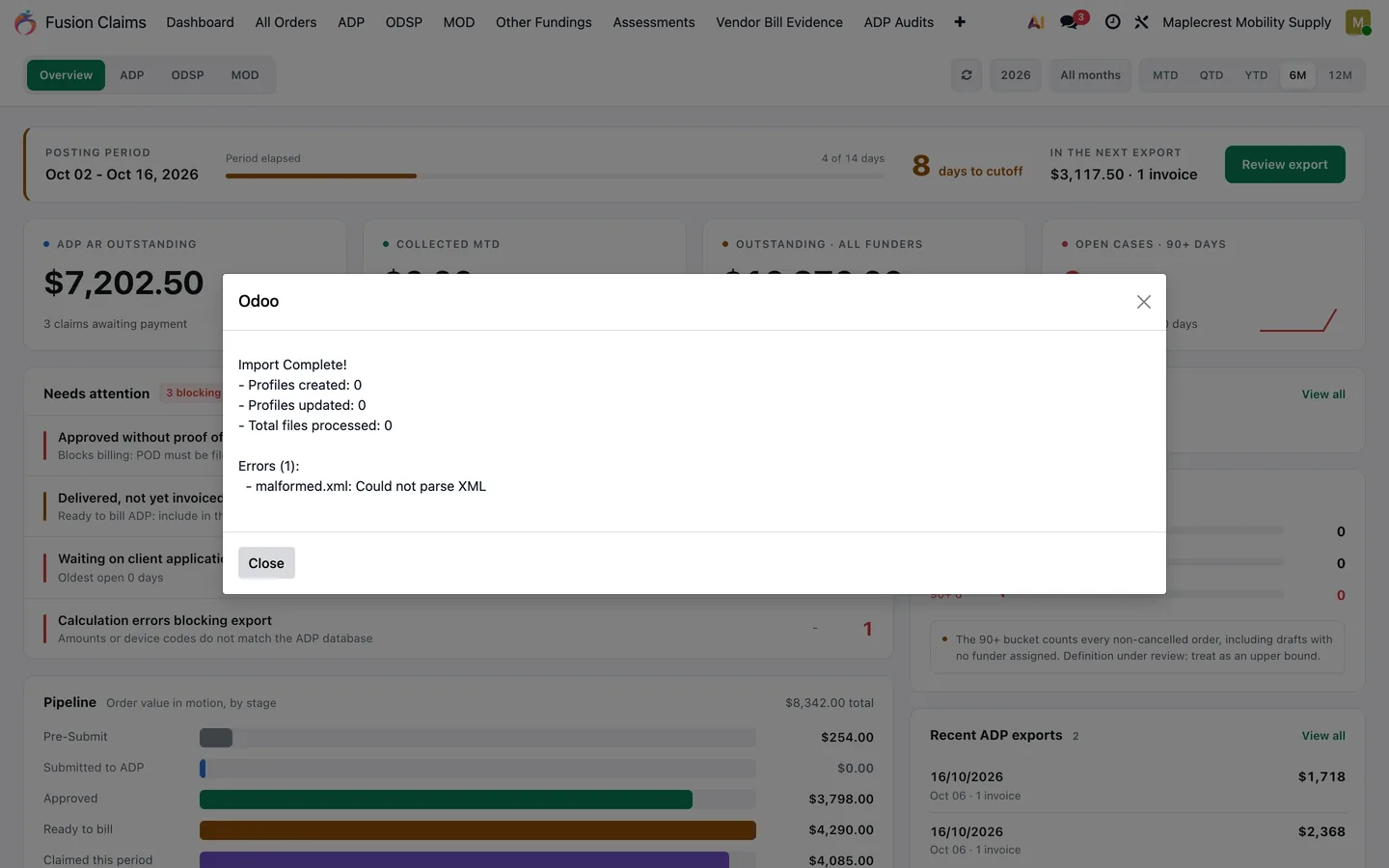Import result dialog listing malformed.xml with the error Could not parse XML.