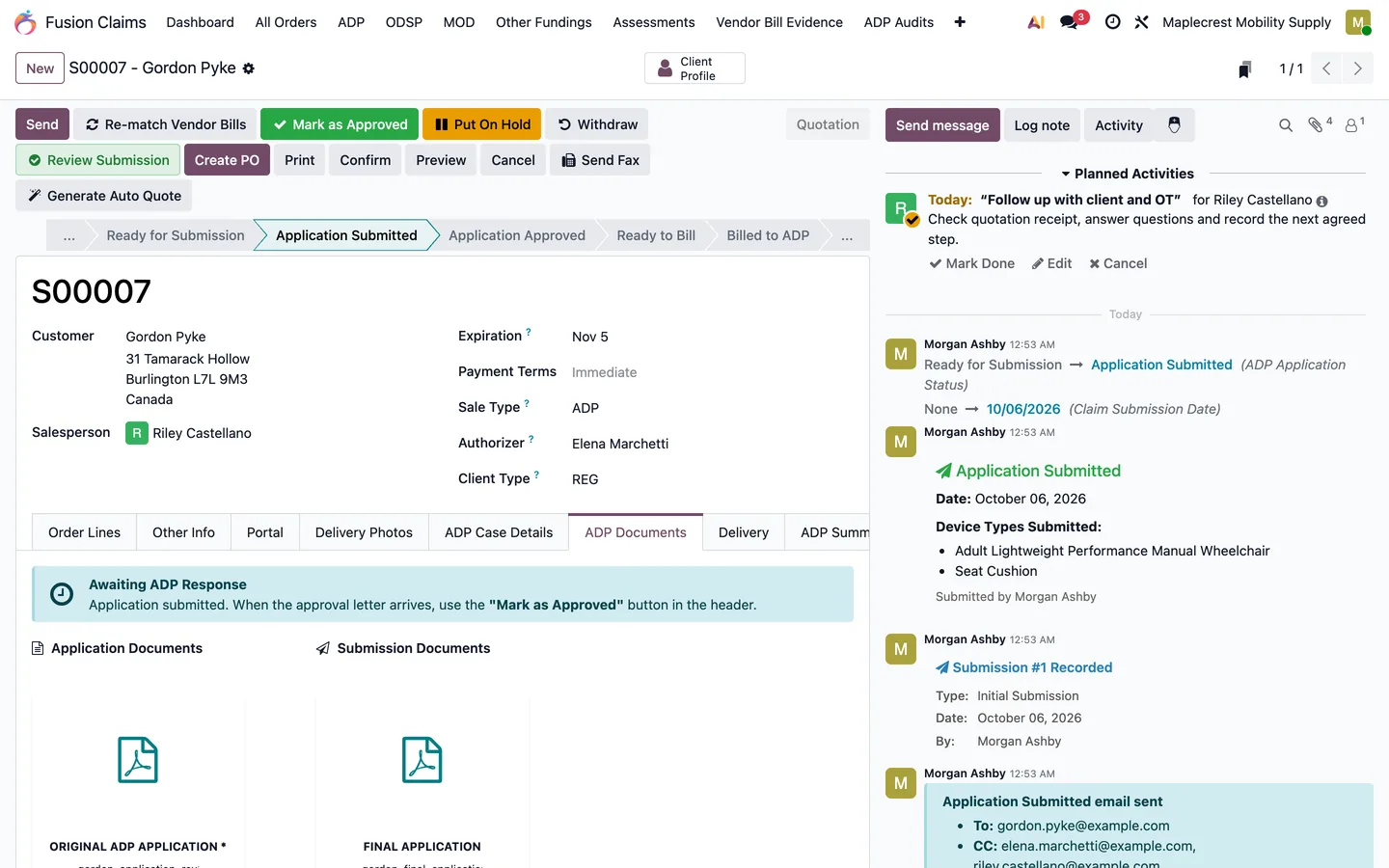 Case in Application Submitted with the ADP Documents tab showing the stored files.