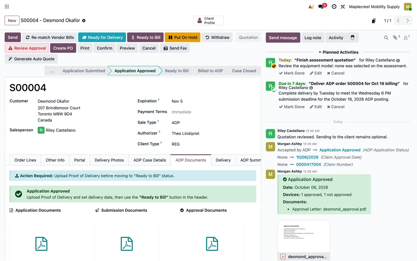 Case in Application Approved status with the ADP Documents tab open.