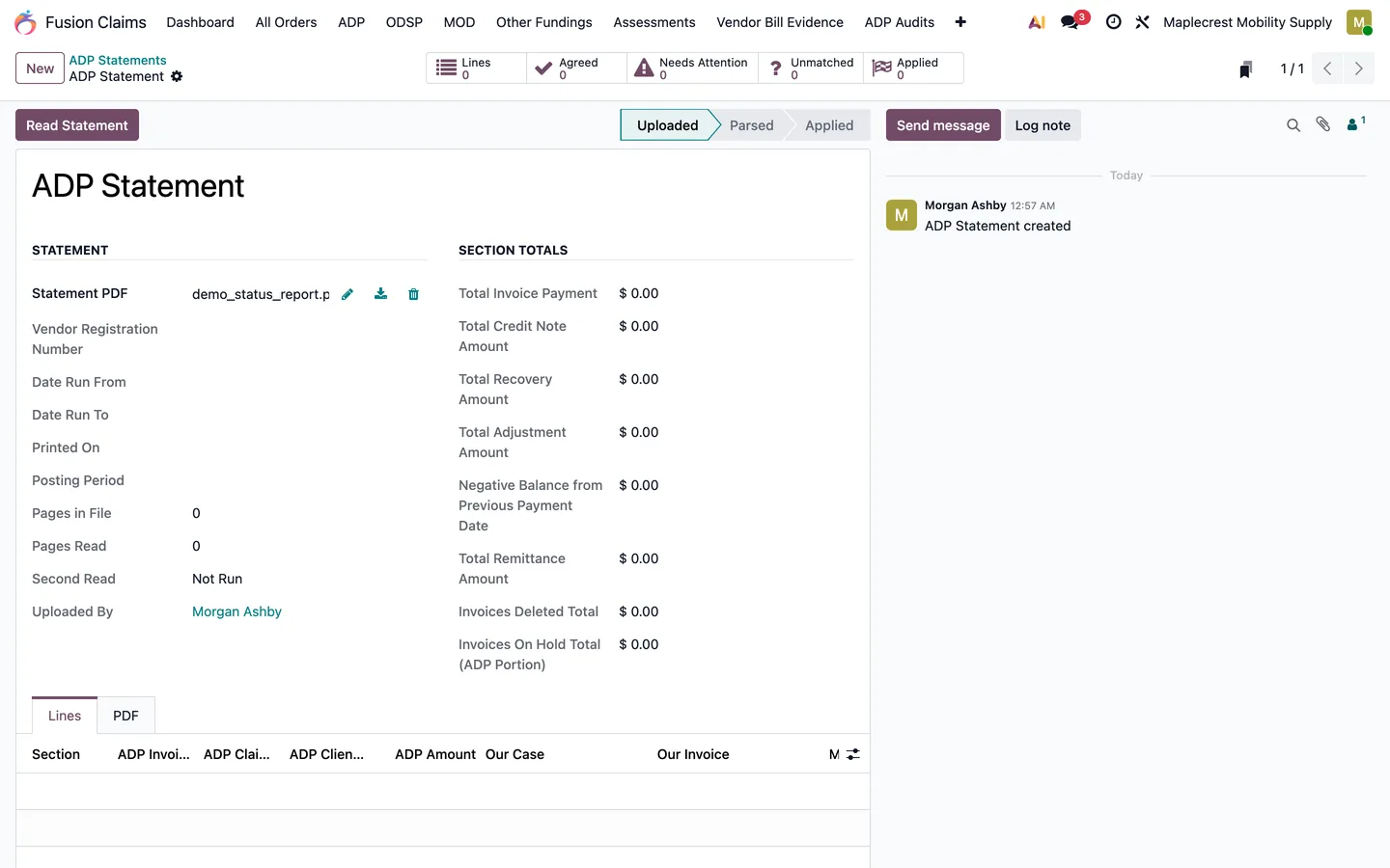 New ADP Statement in Uploaded state with the Read Statement button.