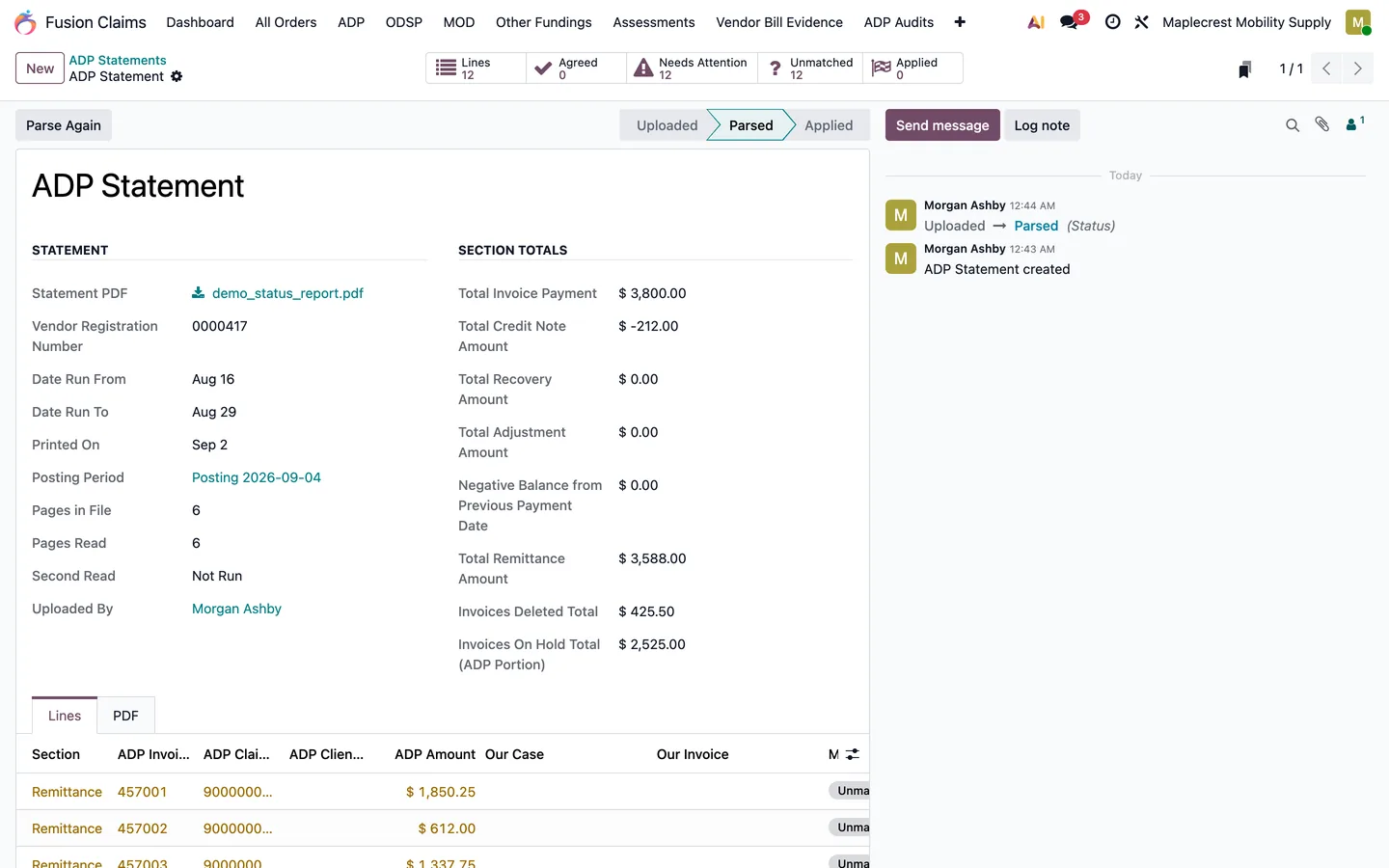 ADP Statement in Parsed state with section totals, pages read and statement lines.