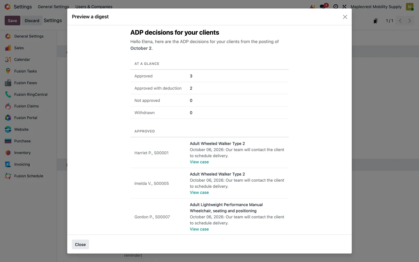 Digest preview for a therapist showing two approved and two approved with deduction cases.