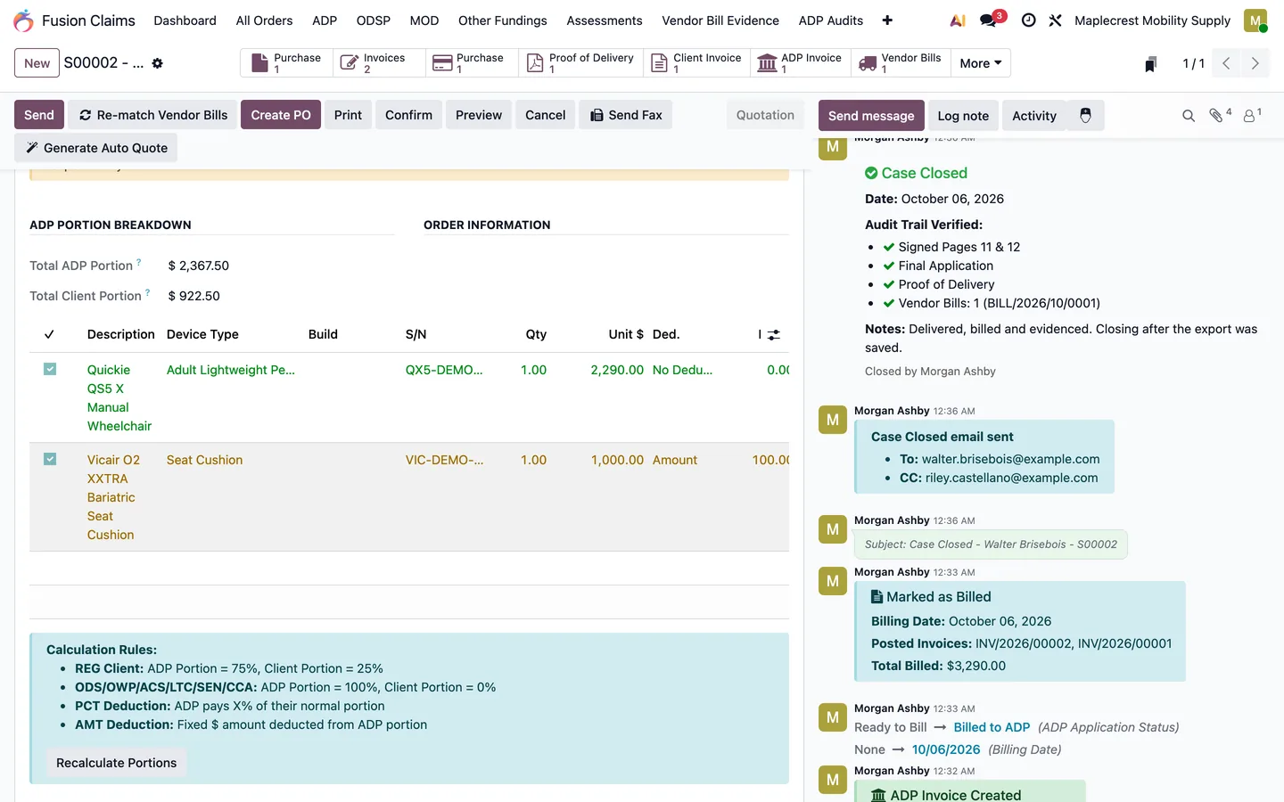ADP Summary tab showing a $100.00 amount deduction on the cushion line.