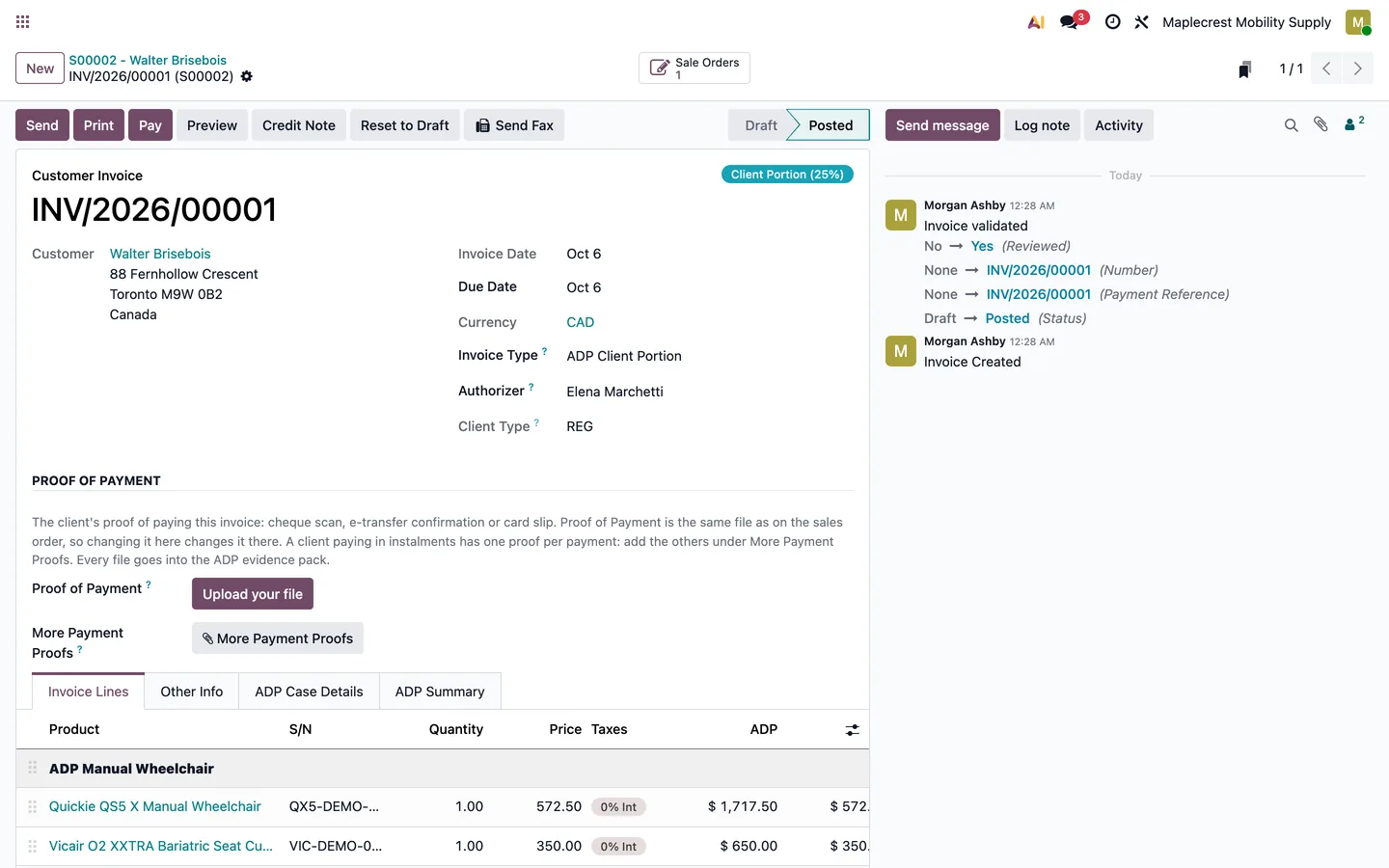 Posted client invoice for $922.50 with ADP and client columns per device.