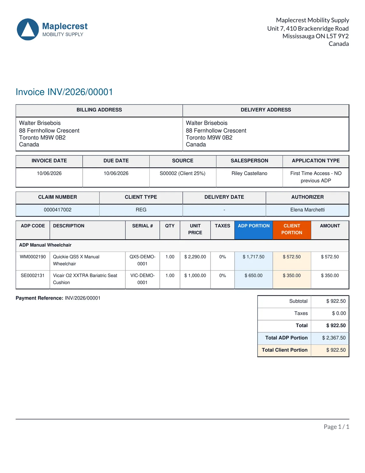 Client invoice PDF with claim number, serial numbers and portion columns.