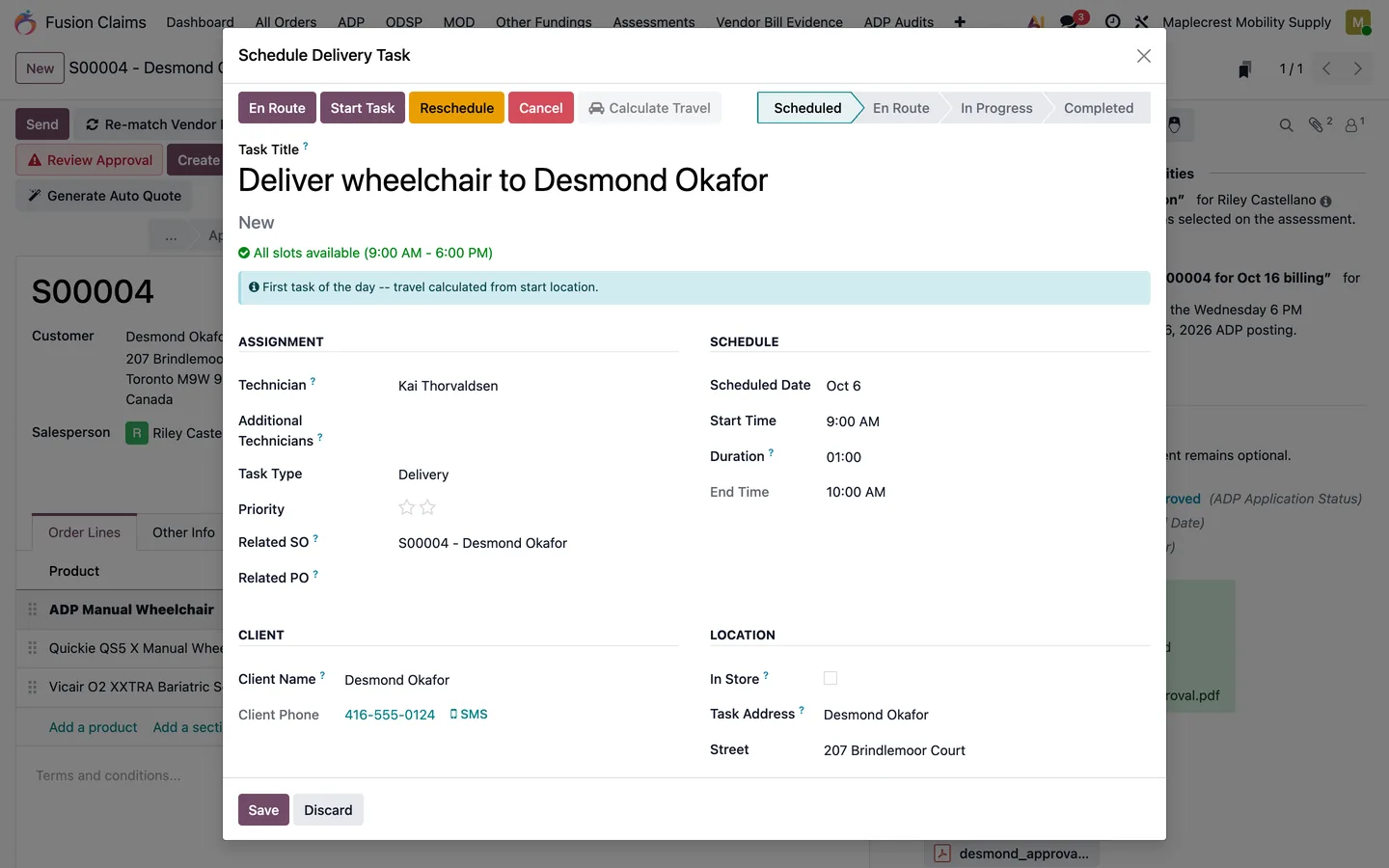 Schedule Delivery Task form with the technician, date and related sale order.