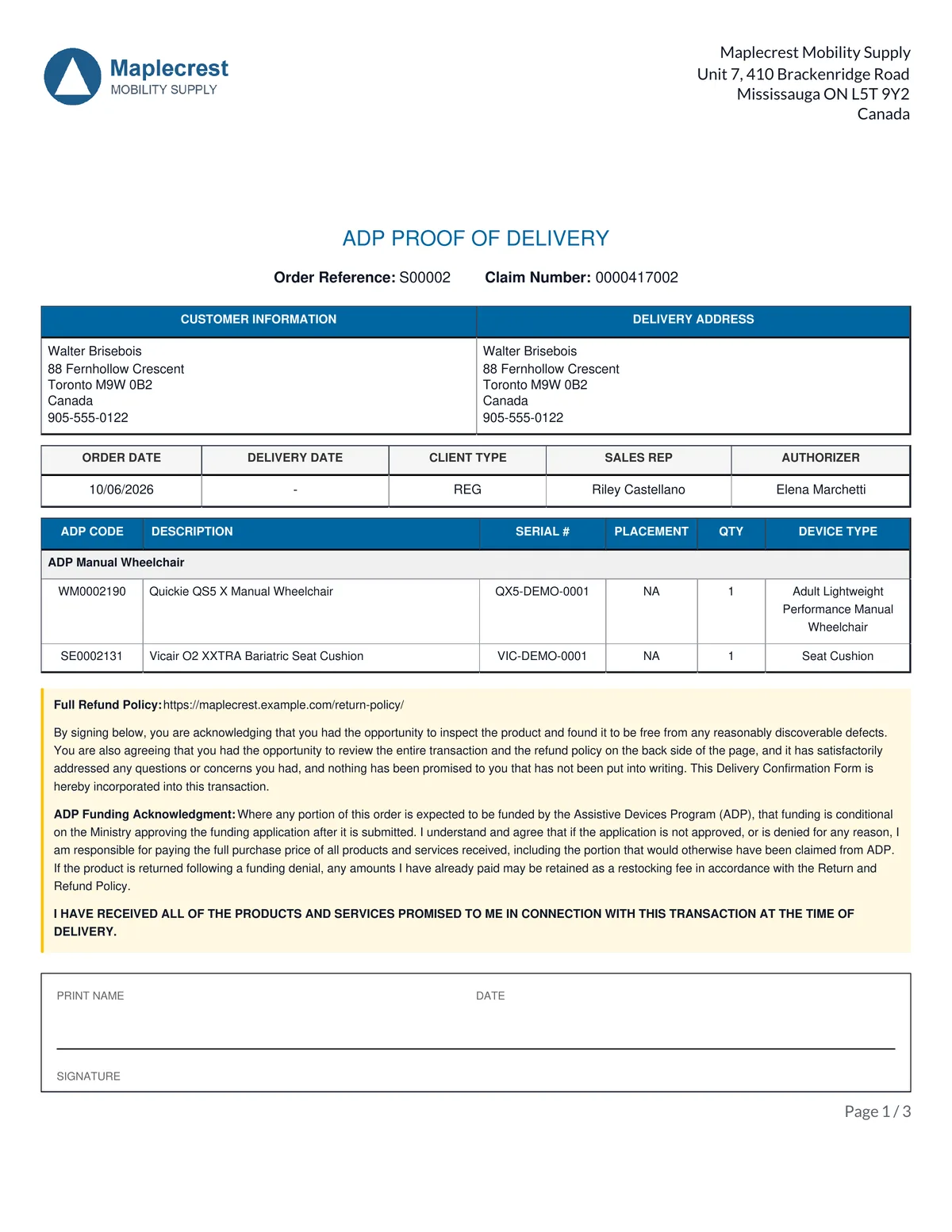 ADP Proof of Delivery PDF with client, devices, serial numbers and signature lines.