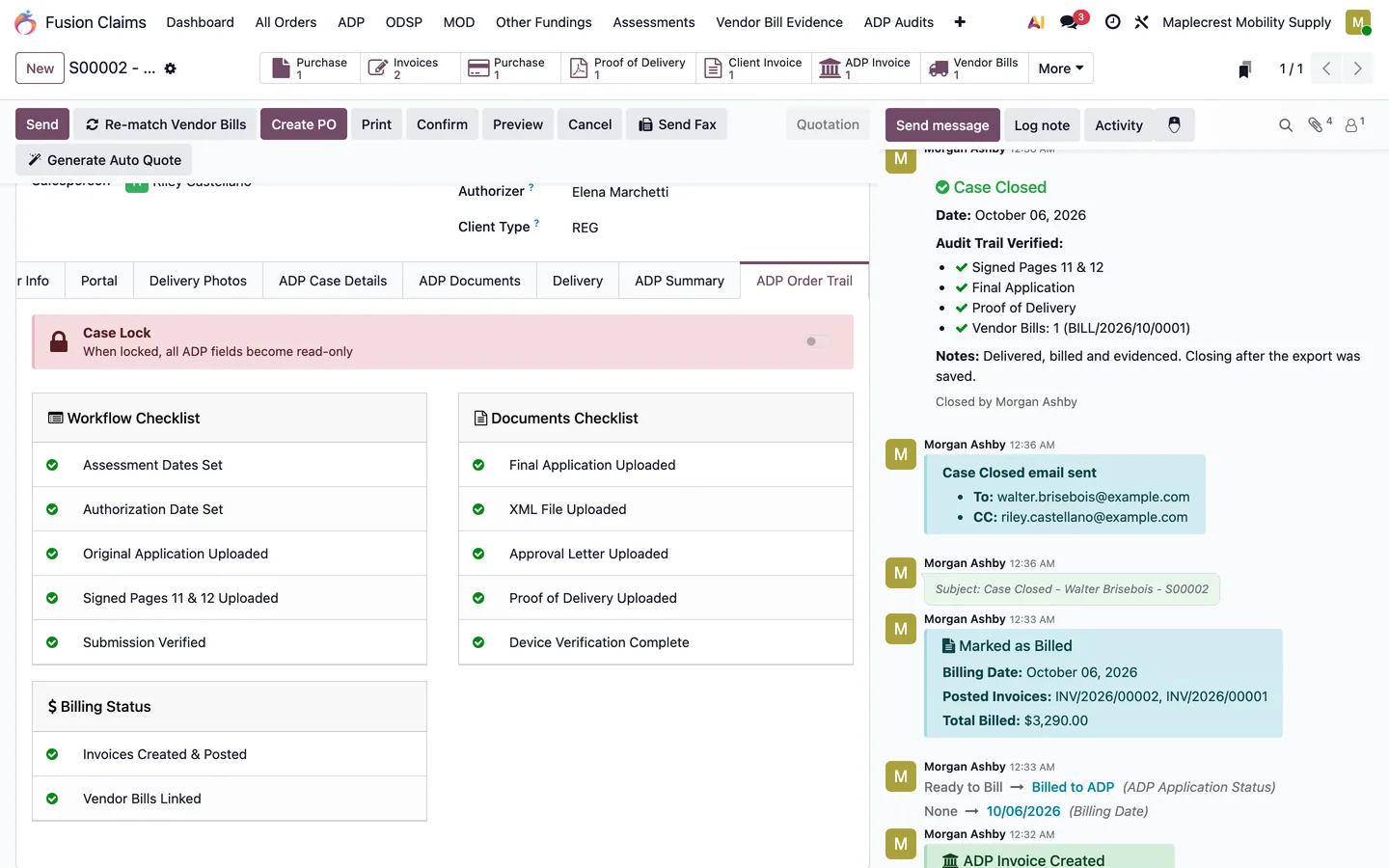 ADP Order Trail tab with workflow, documents and billing checklists all complete.