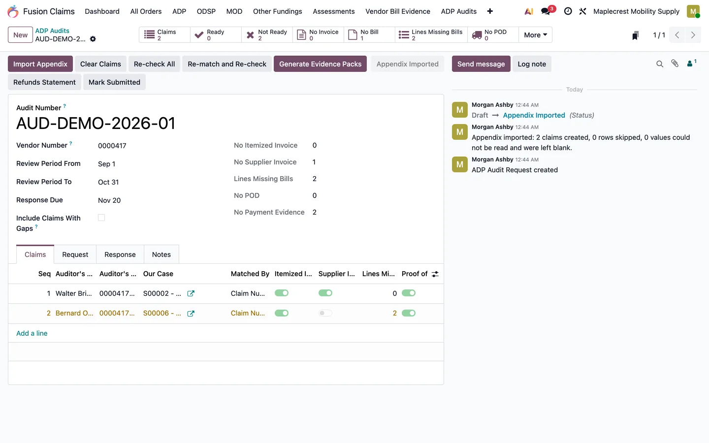 ADP audit with two sampled claims matched and one showing a $100.00 amount difference.