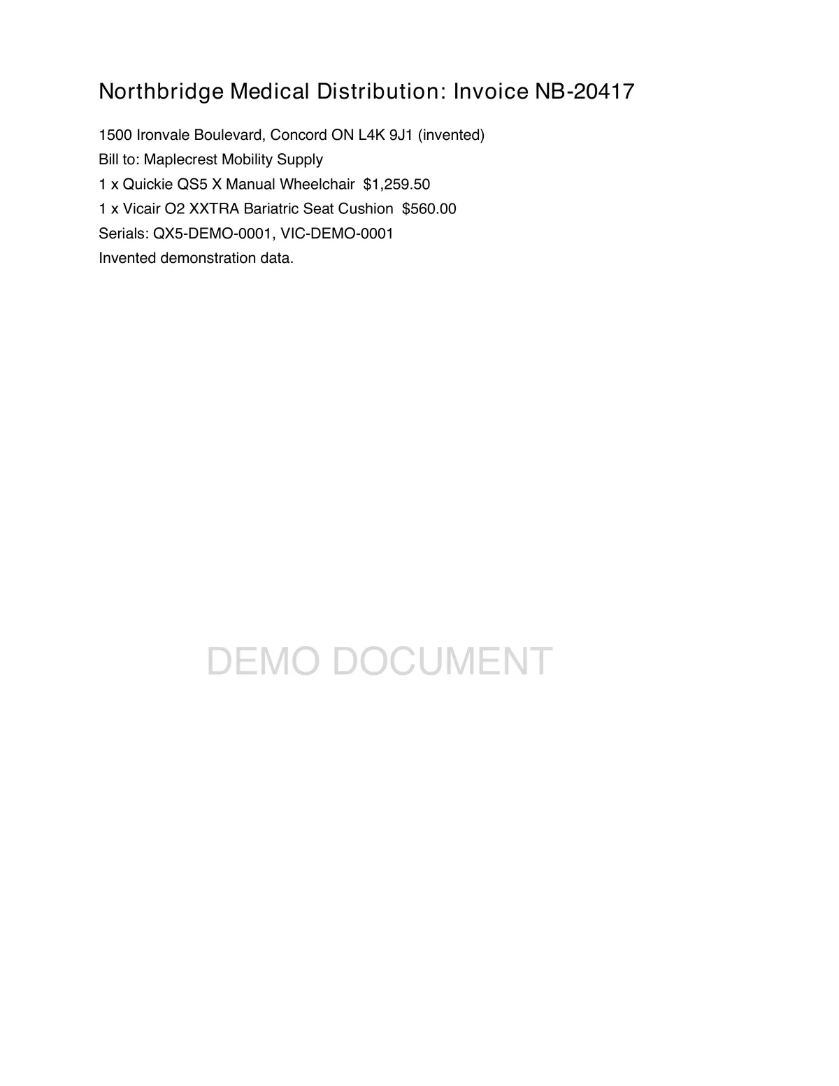 Invented supplier invoice PDF listing the wheelchair and cushion with serial numbers.
