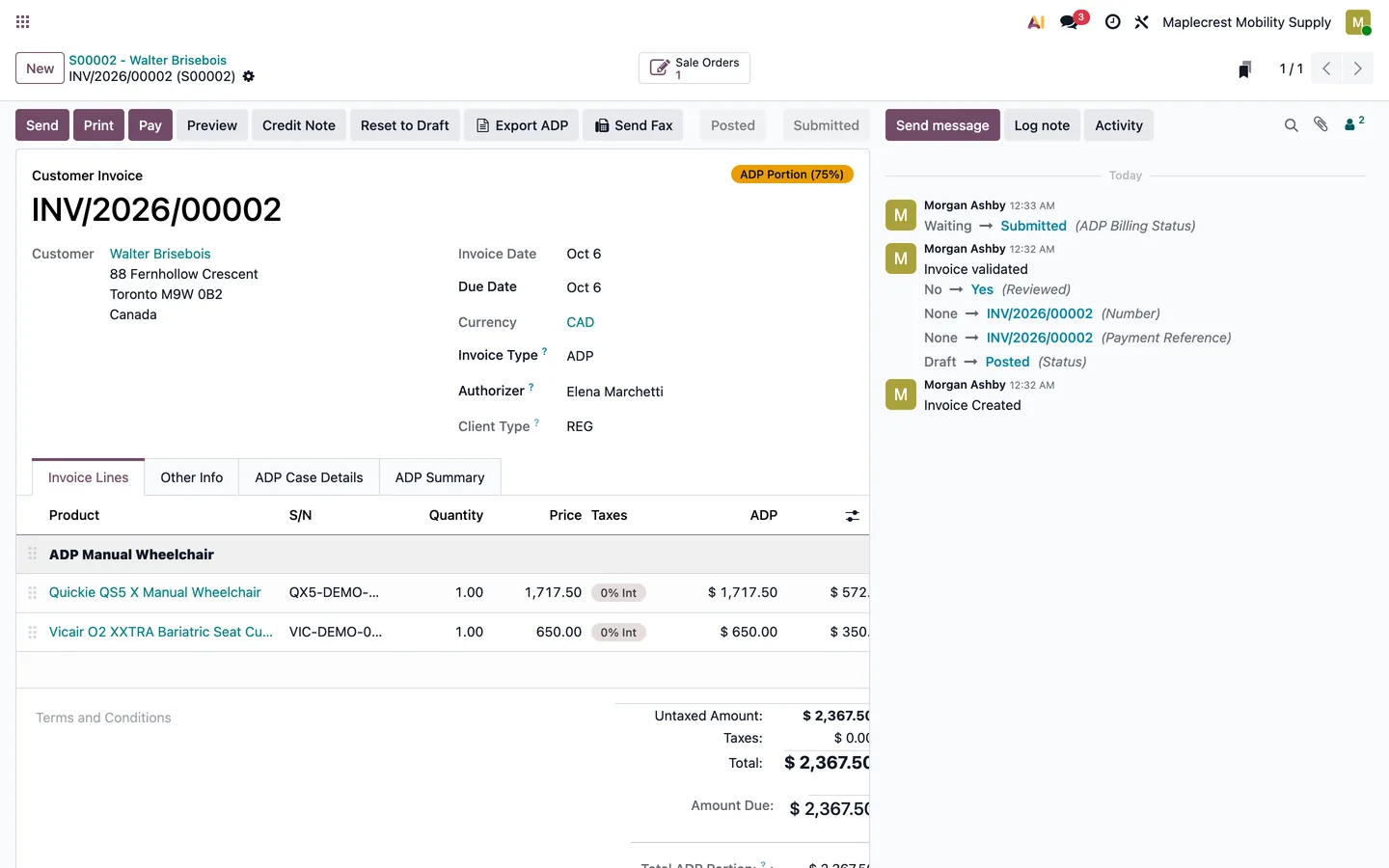 Posted ADP portion invoice for $2,367.50 with billing status Submitted.