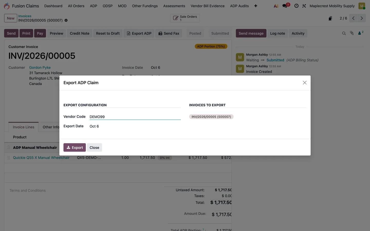 Export ADP Claim wizard with vendor code, export date and one invoice selected.