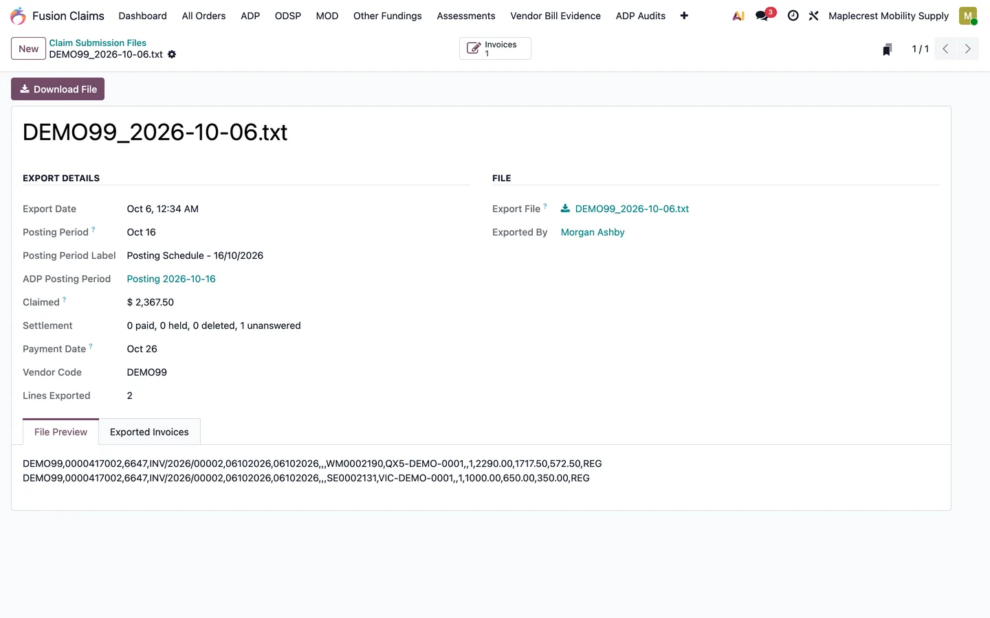 Claim Submission File record with export details and the file preview.