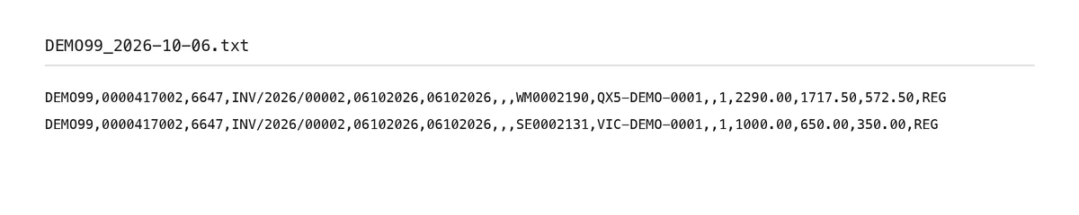 Contents of the exported text file with two device lines for one invented claim.