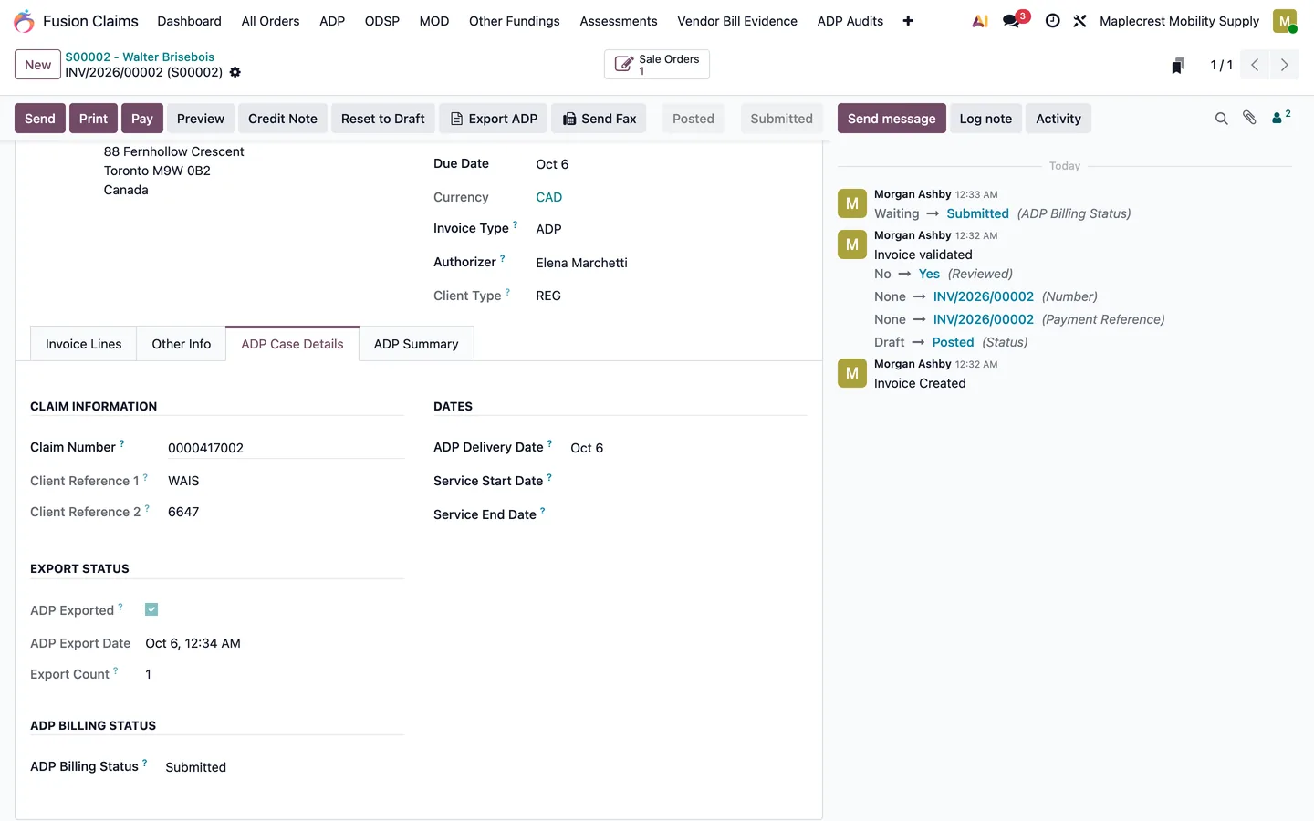 ADP invoice ADP Case Details tab with client references, export status and the ADP billing status.