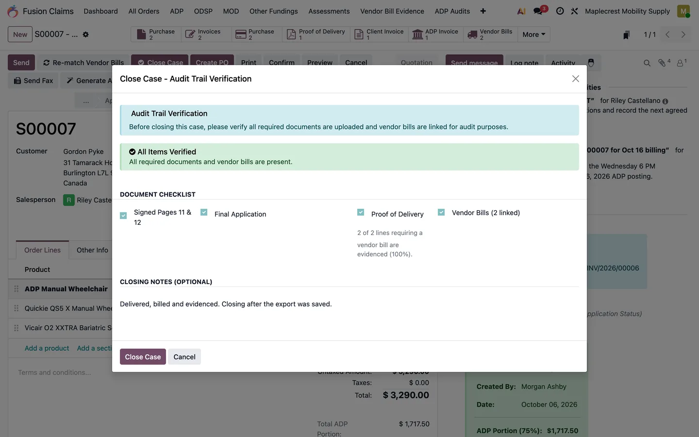 Close Case audit trail verification with all items verified and a closing note.