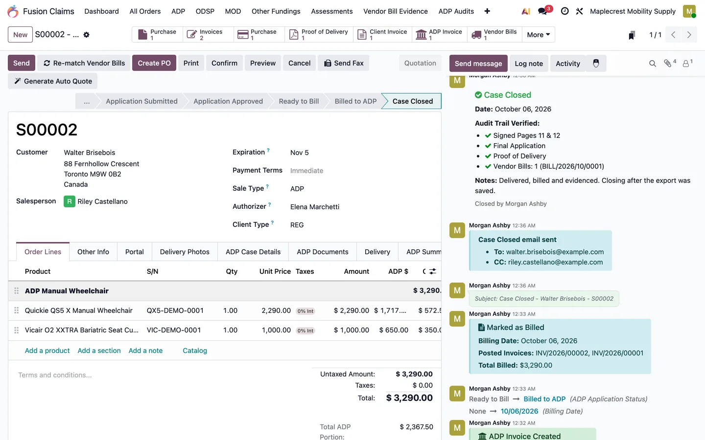 Case chatter showing the Case Closed note with the verified documents and vendor bill.
