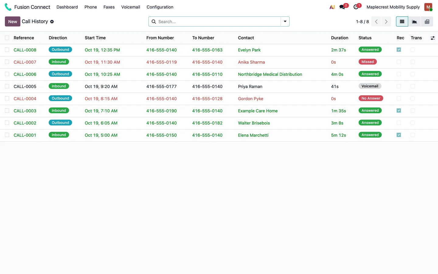 Call history list with inbound and outbound calls, durations, statuses and the matched contact