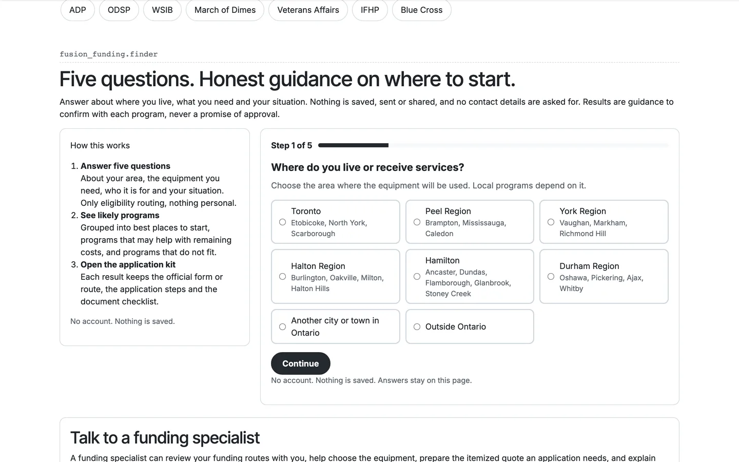 Funding finder on a website asking where the client lives, with Ontario regions to choose from