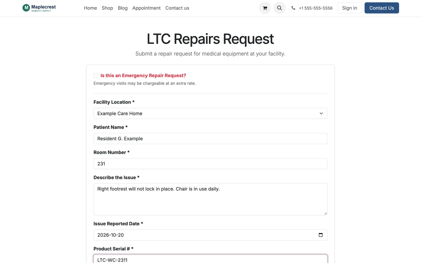 LTC repairs request form filled in for an example care home, resident, room, issue and product serial