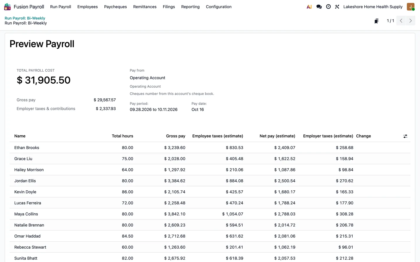 Bi-weekly payroll preview with gross pay, deductions, net pay, and employer taxes