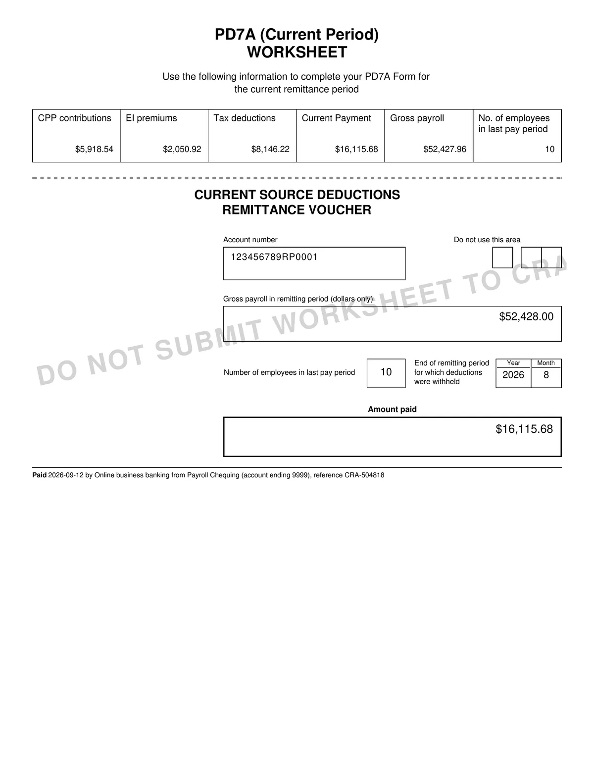 PD7A current source deductions worksheet and remittance voucher for August 2026