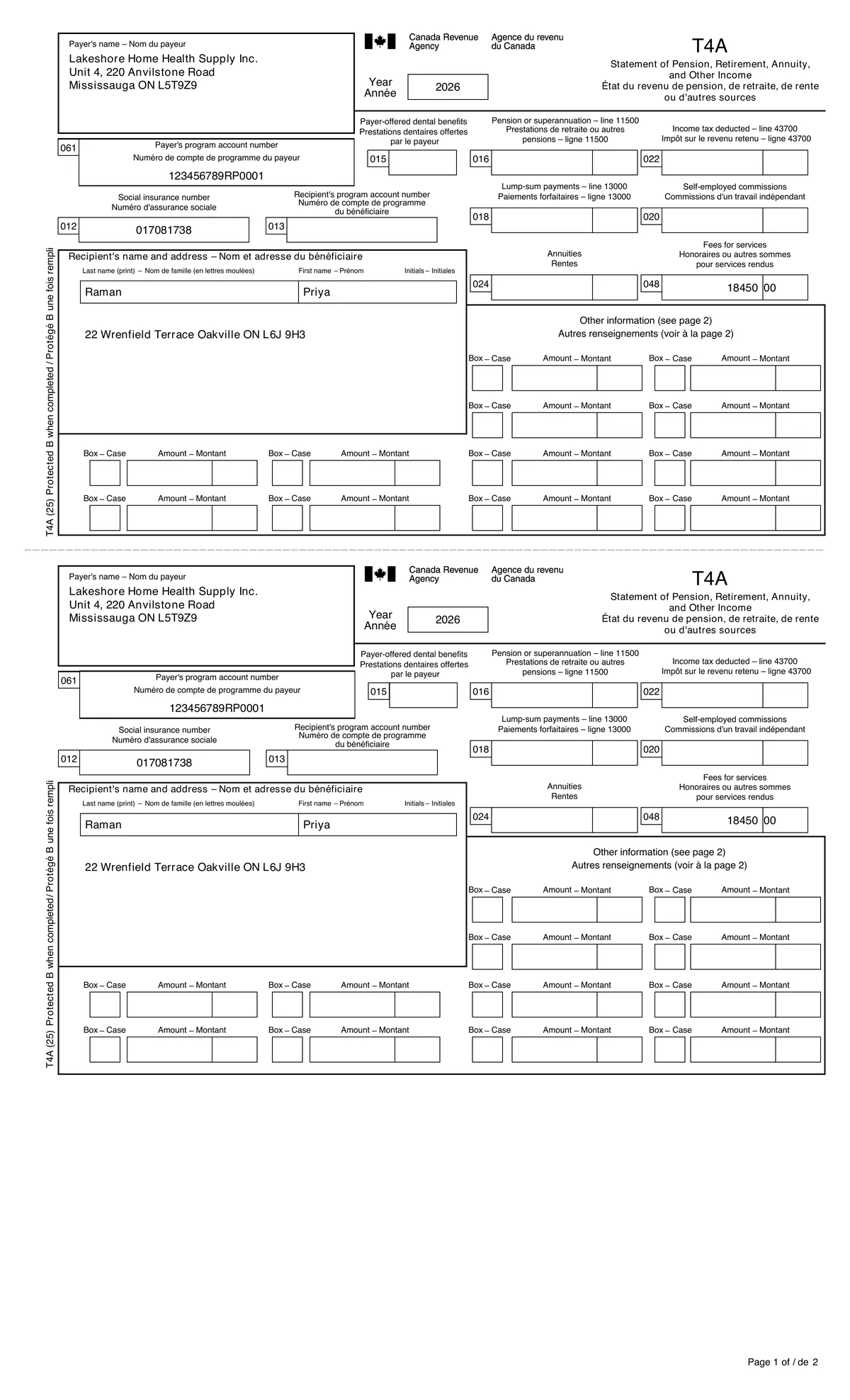 Filled 2026 T4A slip with fees for services in box 048