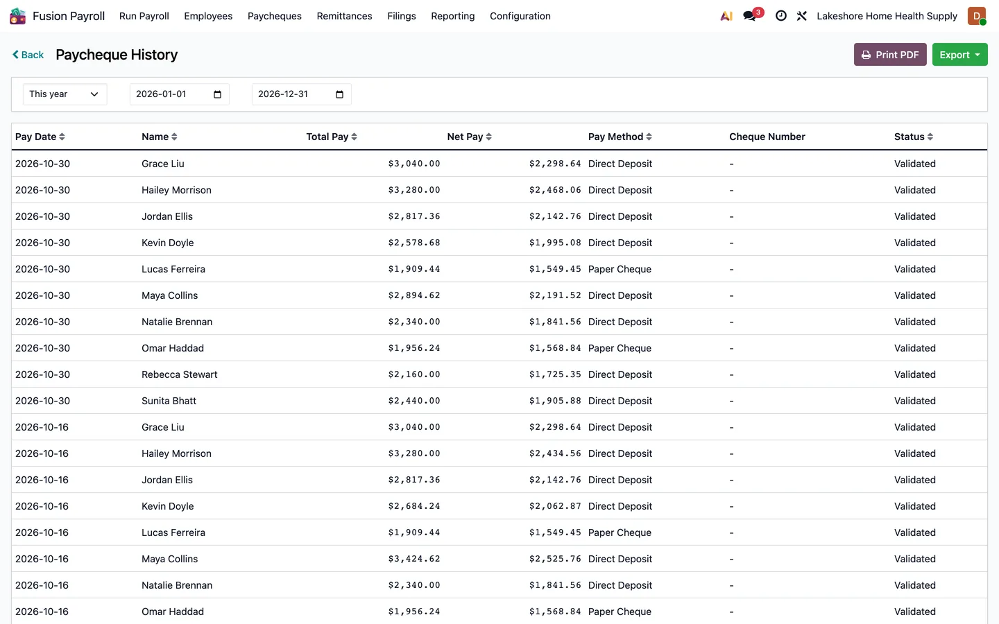 Paycheque History report with pay date, total pay, net pay and pay method per employee