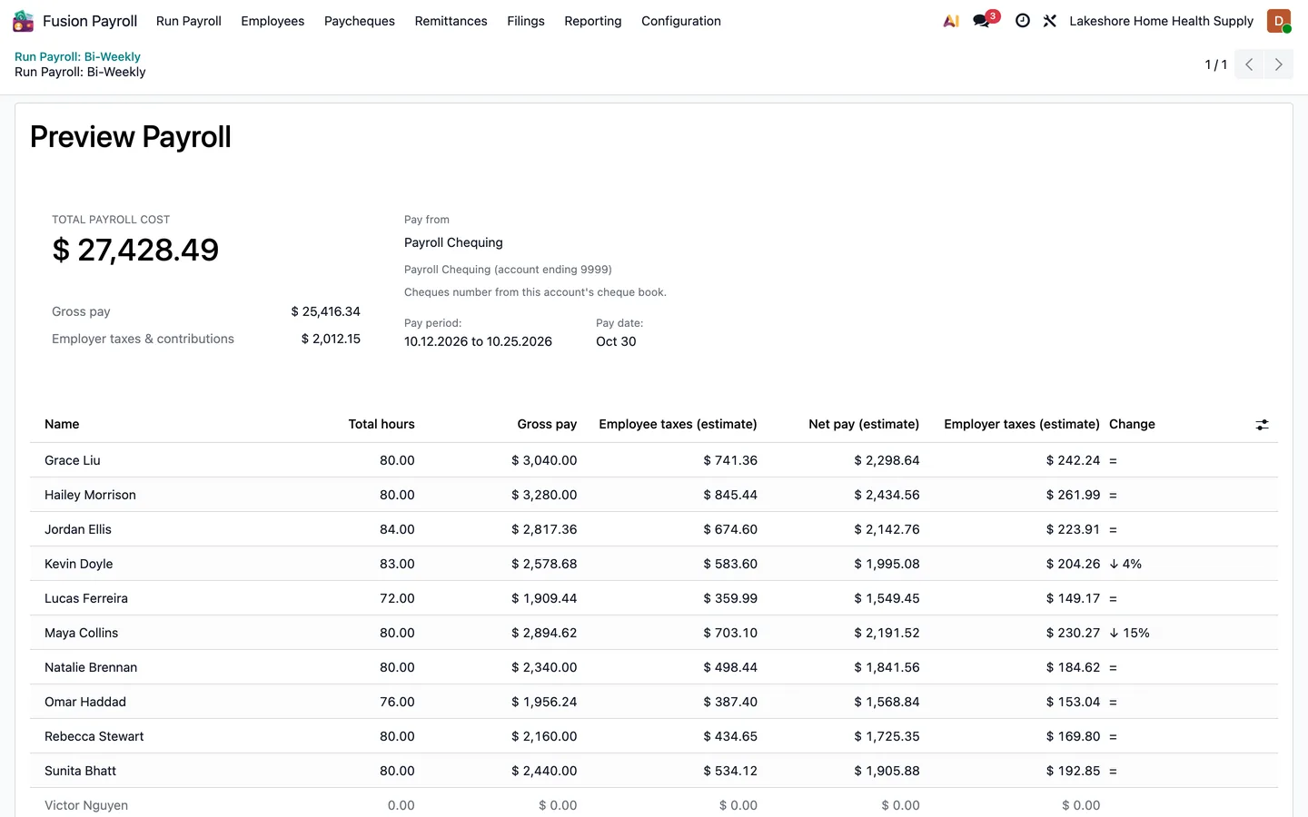 Preview Payroll screen with total payroll cost, pay-from account and per-employee gross and net pay