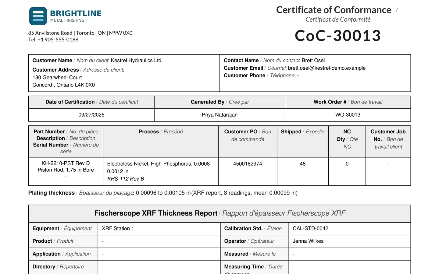 Bilingual certificate of conformance with customer, part, process, and thickness report